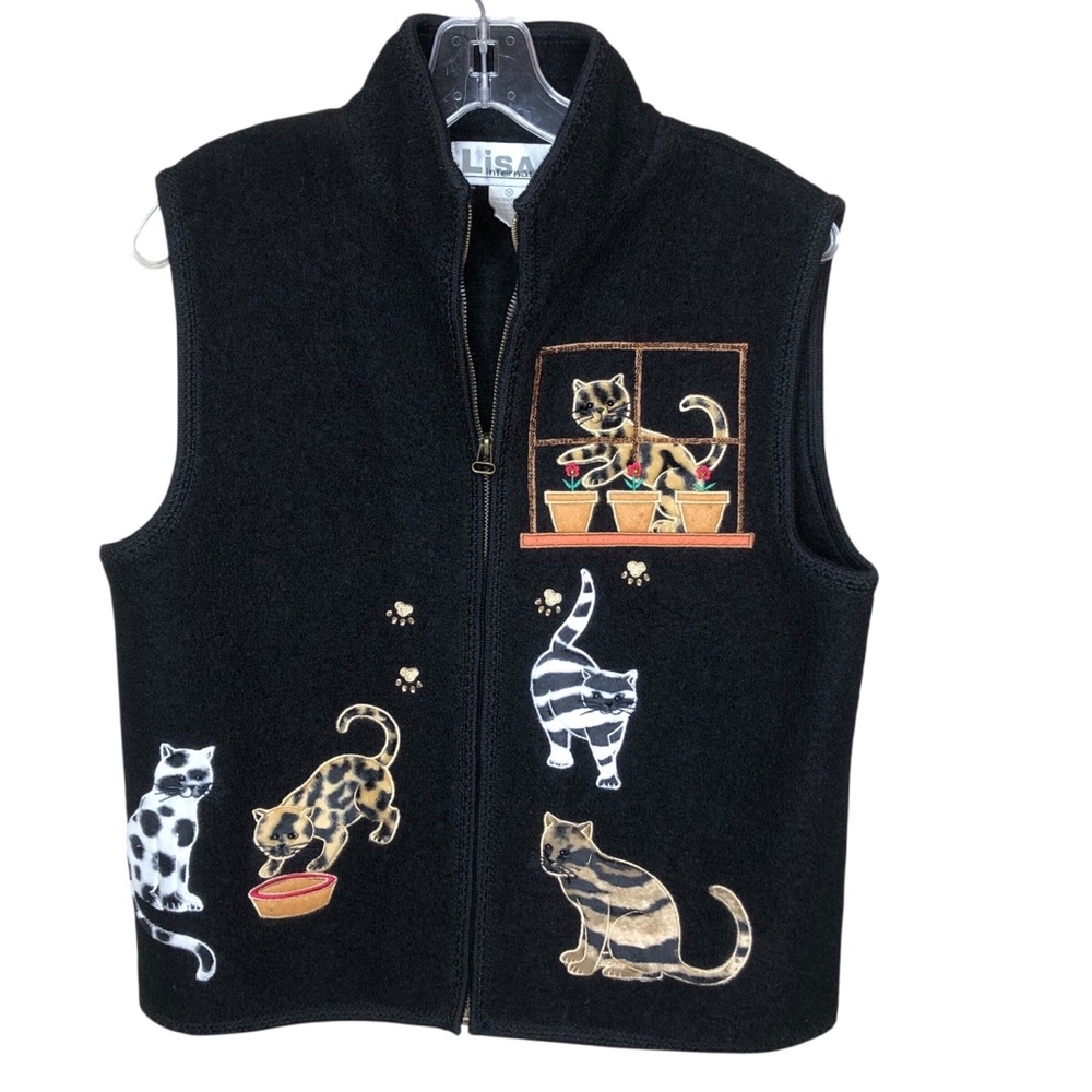 Vintage 90s Cat Kitten Vest Size Medium Boiled Wool Lisa International Embroider